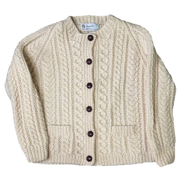 Carrick Finn Ireland child’s 100% Wool Sweater Cardigan Cream Fisherman Chest 30 - Picture 1 of 5